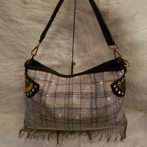 BEIGE AND BLACK SPARKLING FRINGE PLAID PRINT SHOULDER BAG